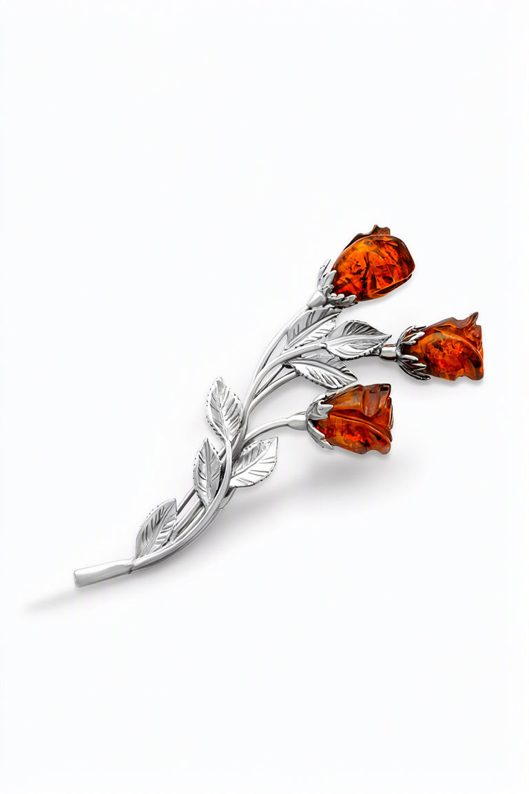 Rose Cognac Amber Silver Brooch — DARVIN (Pre-Order)