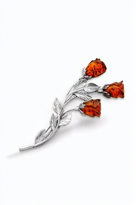 Rose Cognac Amber Silver Brooch — DARVIN (Pre-Order)