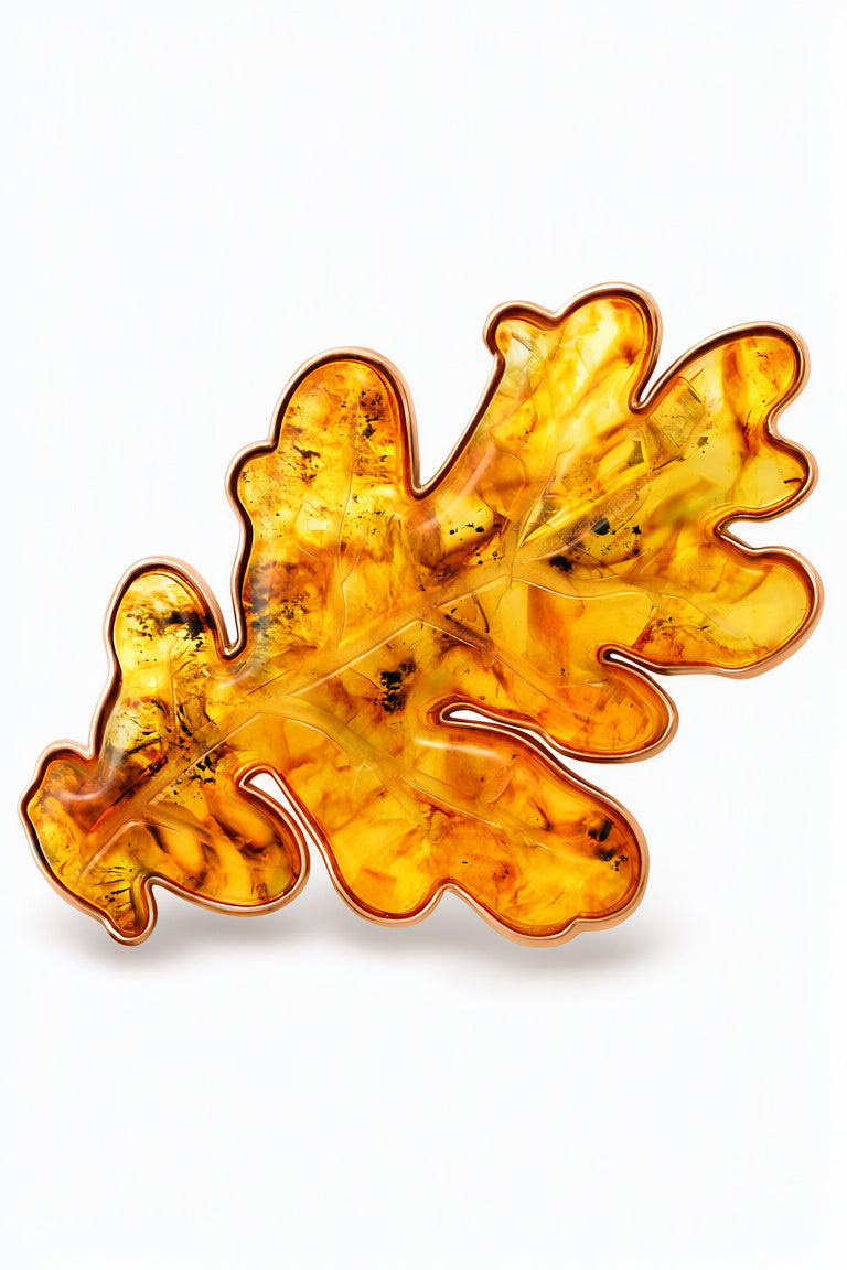 Oak Leaf Cognac Amber Silver Brooch — DARVIN (Pre-Order)