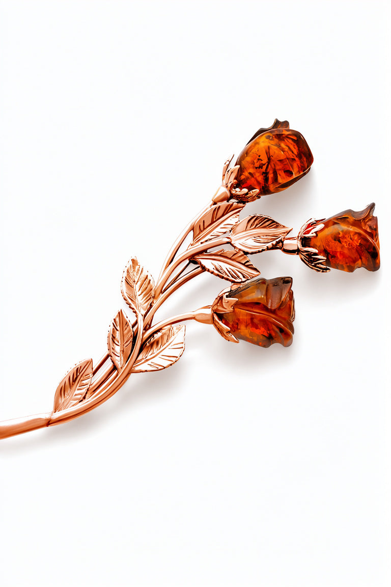 Rose Cognac Amber Silver Brooch — DARVIN (Pre-Order)