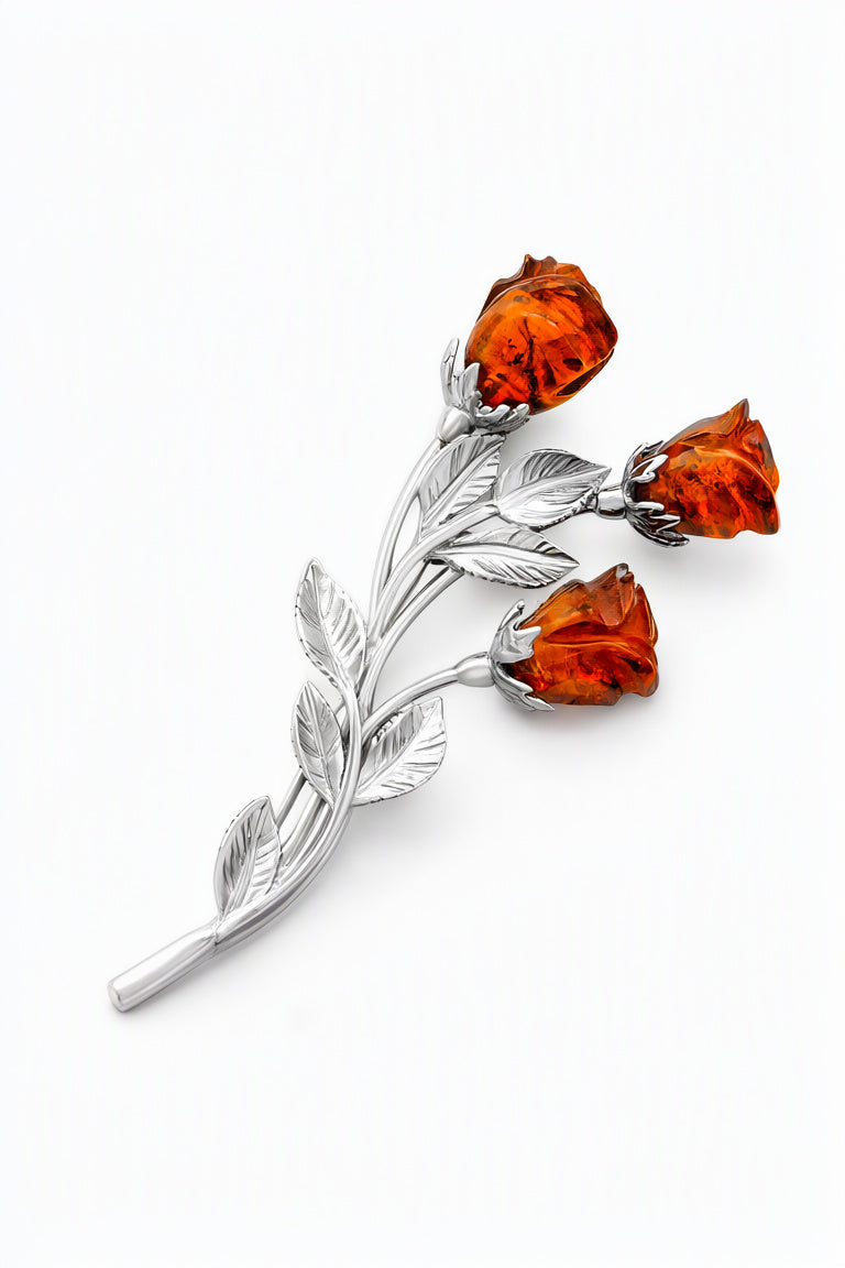 Rose Cognac Amber Silver Brooch — DARVIN (Pre-Order)