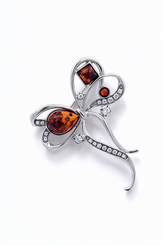 Teardrop Cognac, Colorless Amber Silver Brooch — DARVIN (Pre-Order)