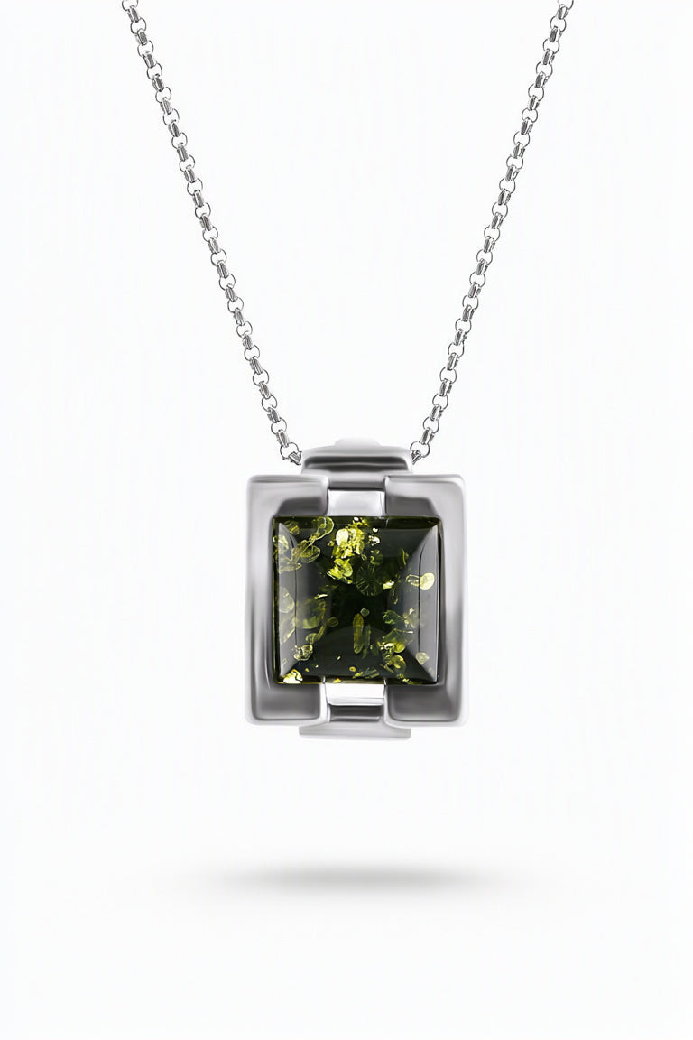 Square Green Amber Silver Pendant — DARVIN (Pre-Order)