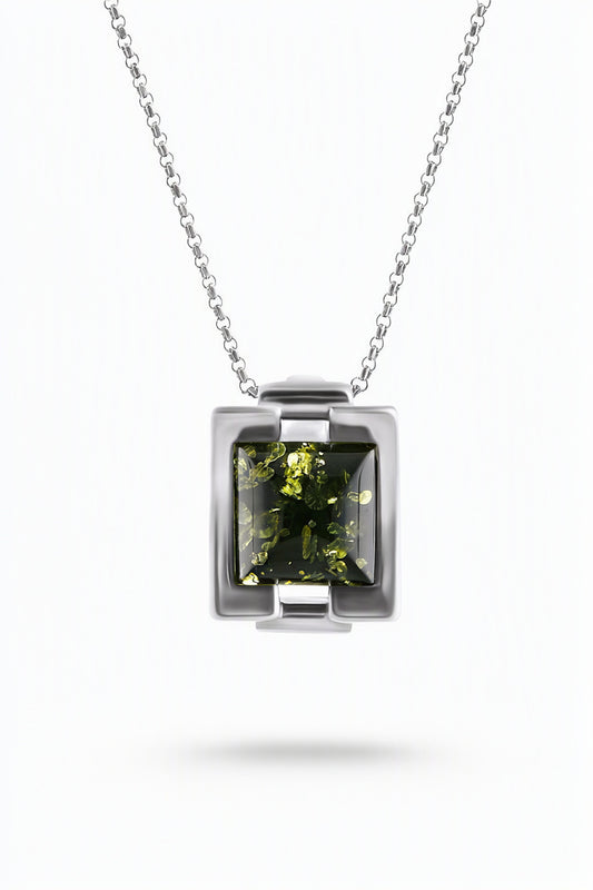 Square Green Amber Silver Pendant — DARVIN (Pre-Order)