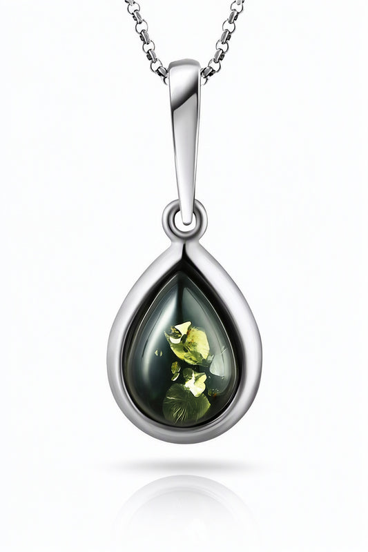 Teardrop Green Amber Silver Pendant — DARVIN (Pre-Order)