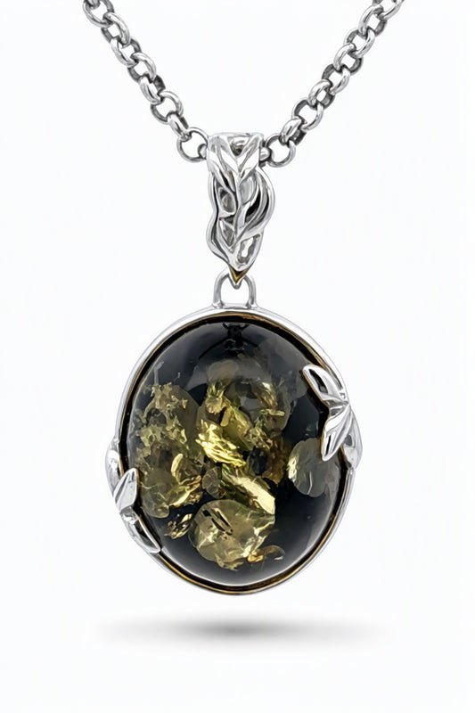 Oval Green Amber Silver Pendant — DARVIN (Pre-Order)
