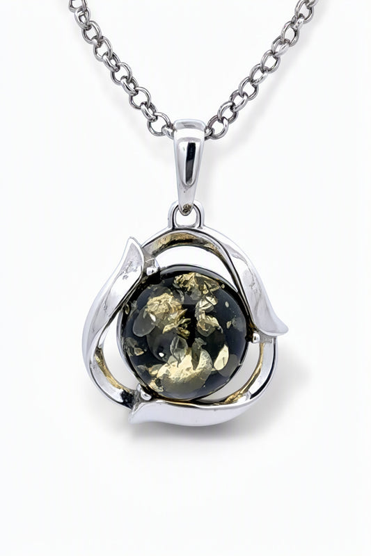 Round Green Amber Silver Pendant — DARVIN (Pre-Order)