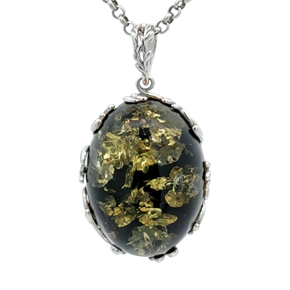 Oval Green Amber Silver Pendant — DARVIN (Pre-Order)