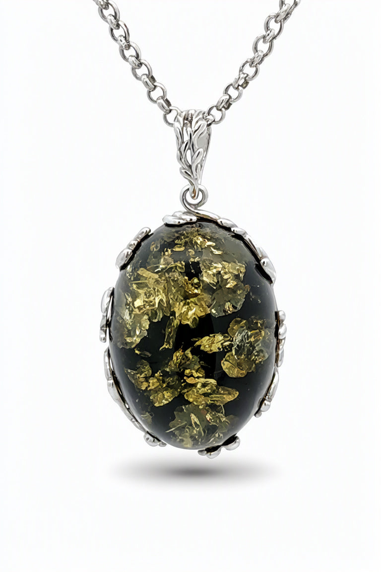 Oval Green Amber Silver Pendant — DARVIN (Pre-Order)