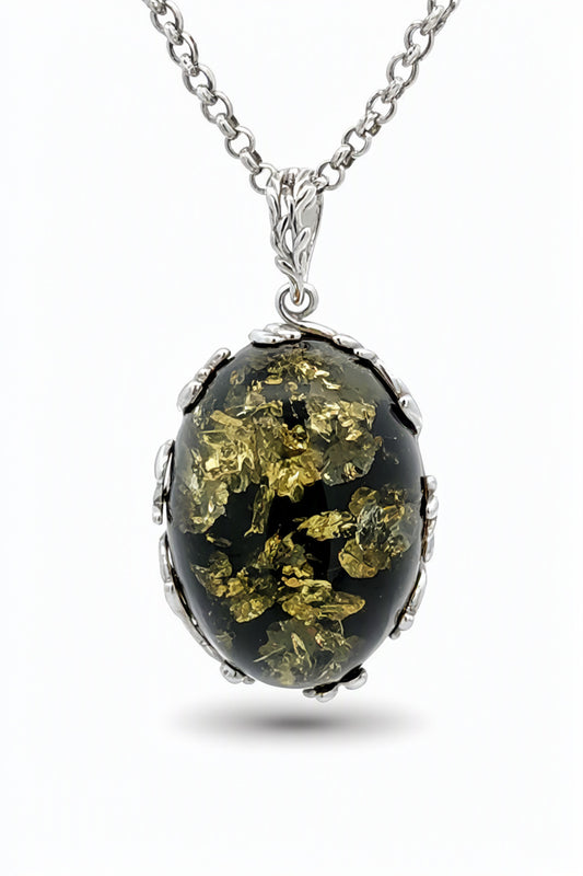 Oval Green Amber Silver Pendant — DARVIN (Pre-Order)