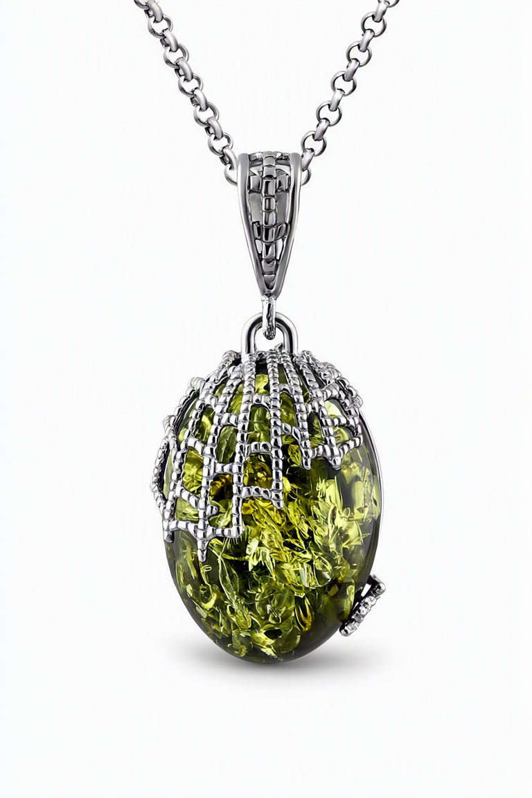 Oval Green Amber Silver Pendant — DARVIN (Pre-Order)