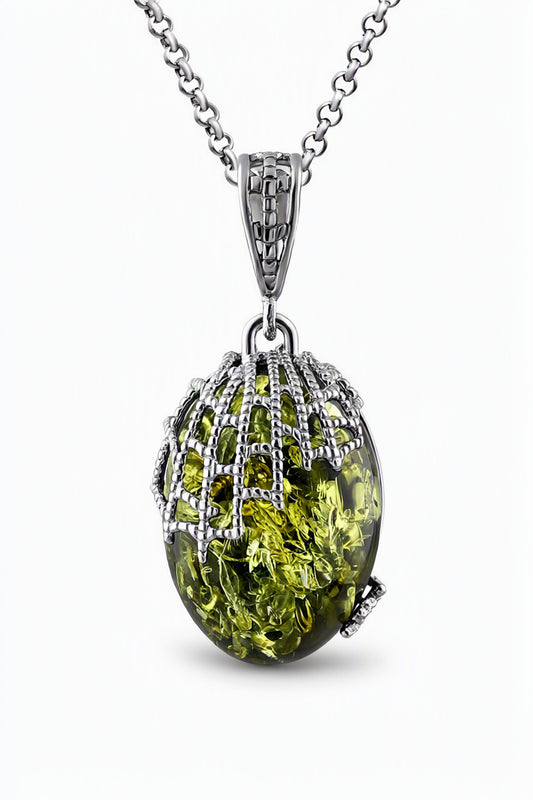 Oval Green Amber Silver Pendant — DARVIN (Pre-Order)