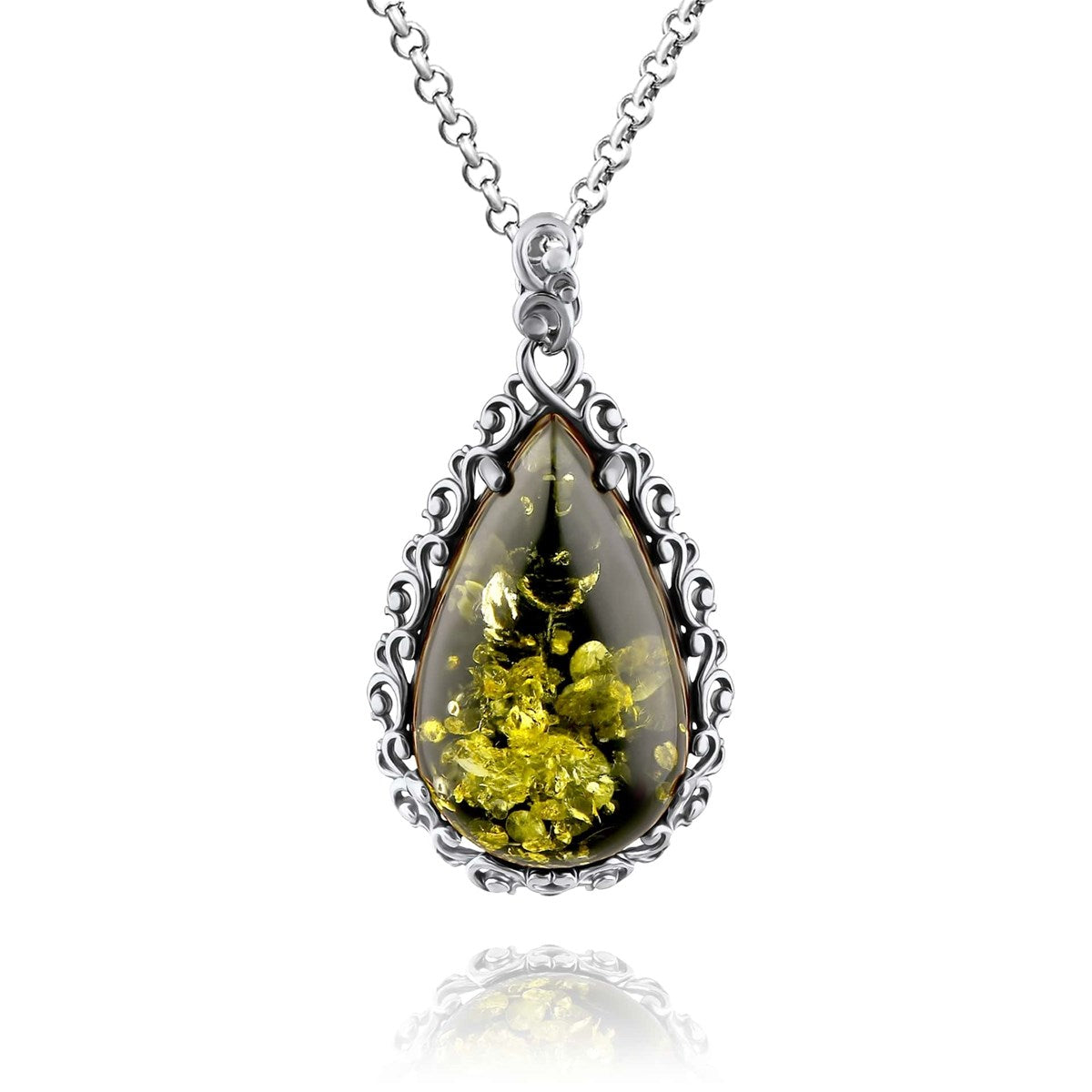 Teardrop Green Amber Silver Pendant — DARVIN (Pre-Order)