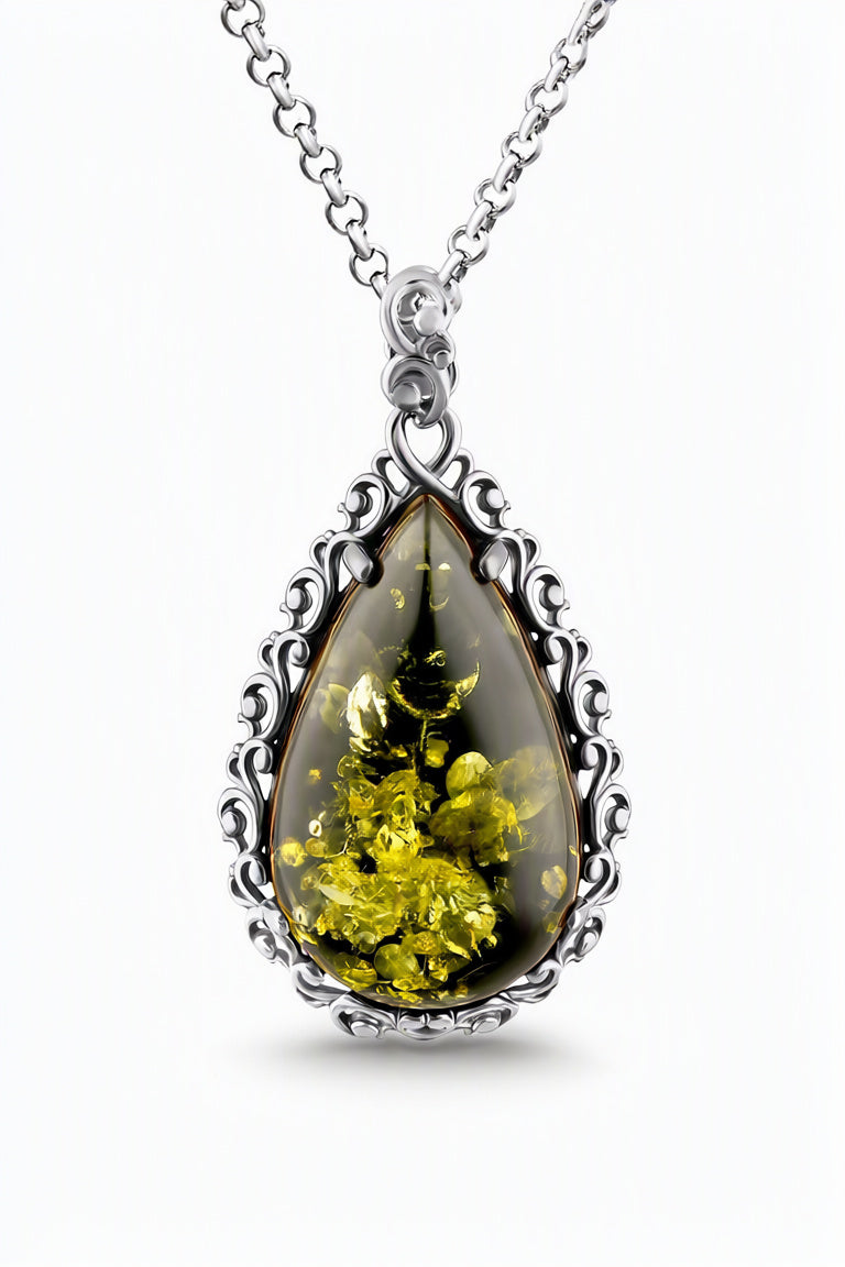 Teardrop Green Amber Silver Pendant — DARVIN (Pre-Order)