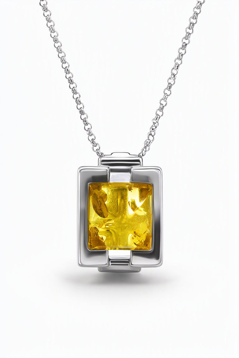 Square Lemon Amber Silver Pendant — DARVIN (Pre-Order)