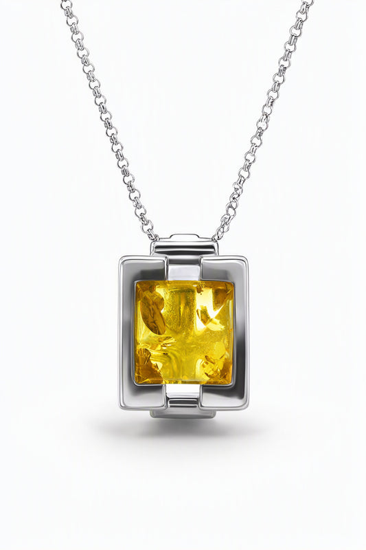 Square Lemon Amber Silver Pendant — DARVIN (Pre-Order)
