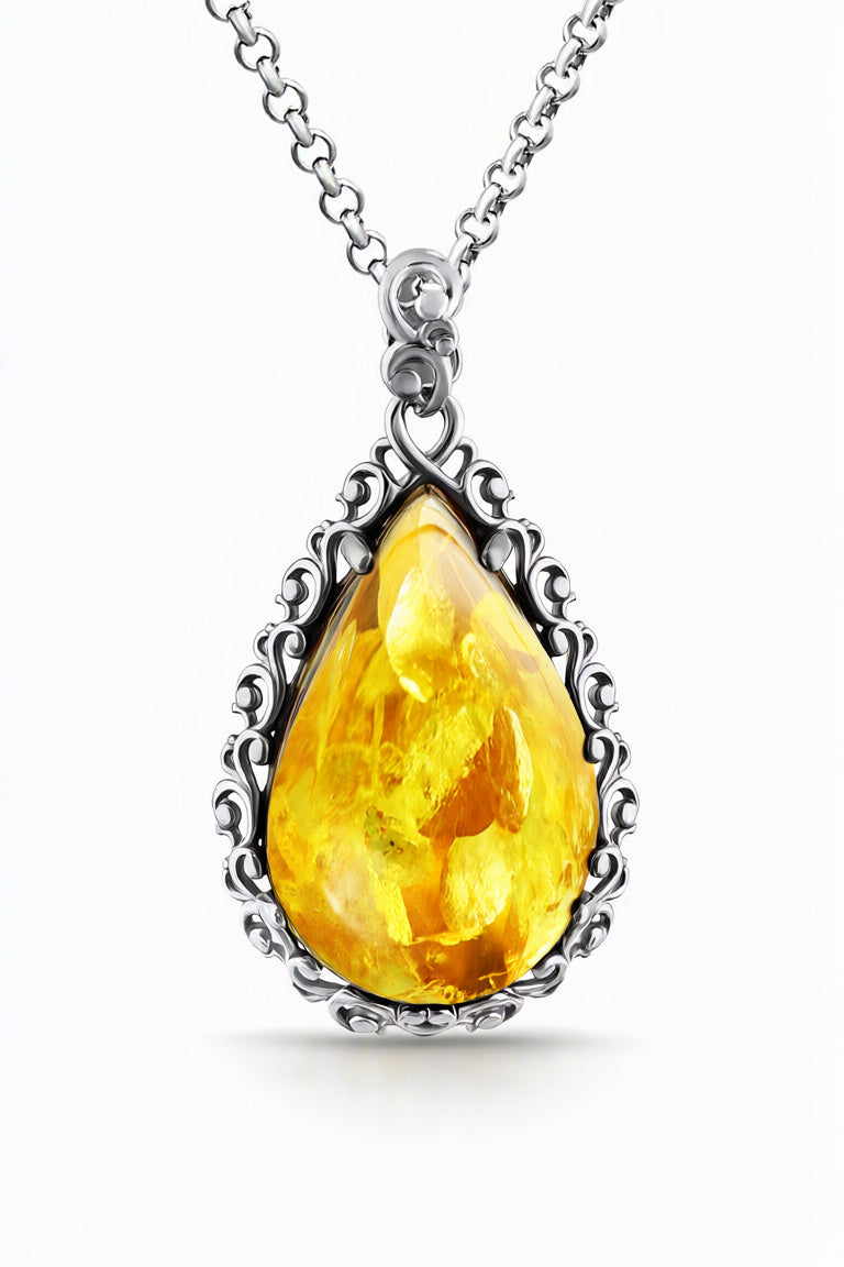 Teardrop Lemon Amber Silver Pendant — DARVIN (Pre-Order)