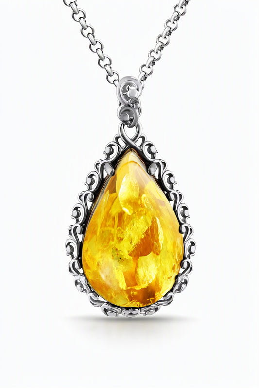 Teardrop Lemon Amber Silver Pendant — DARVIN (Pre-Order)