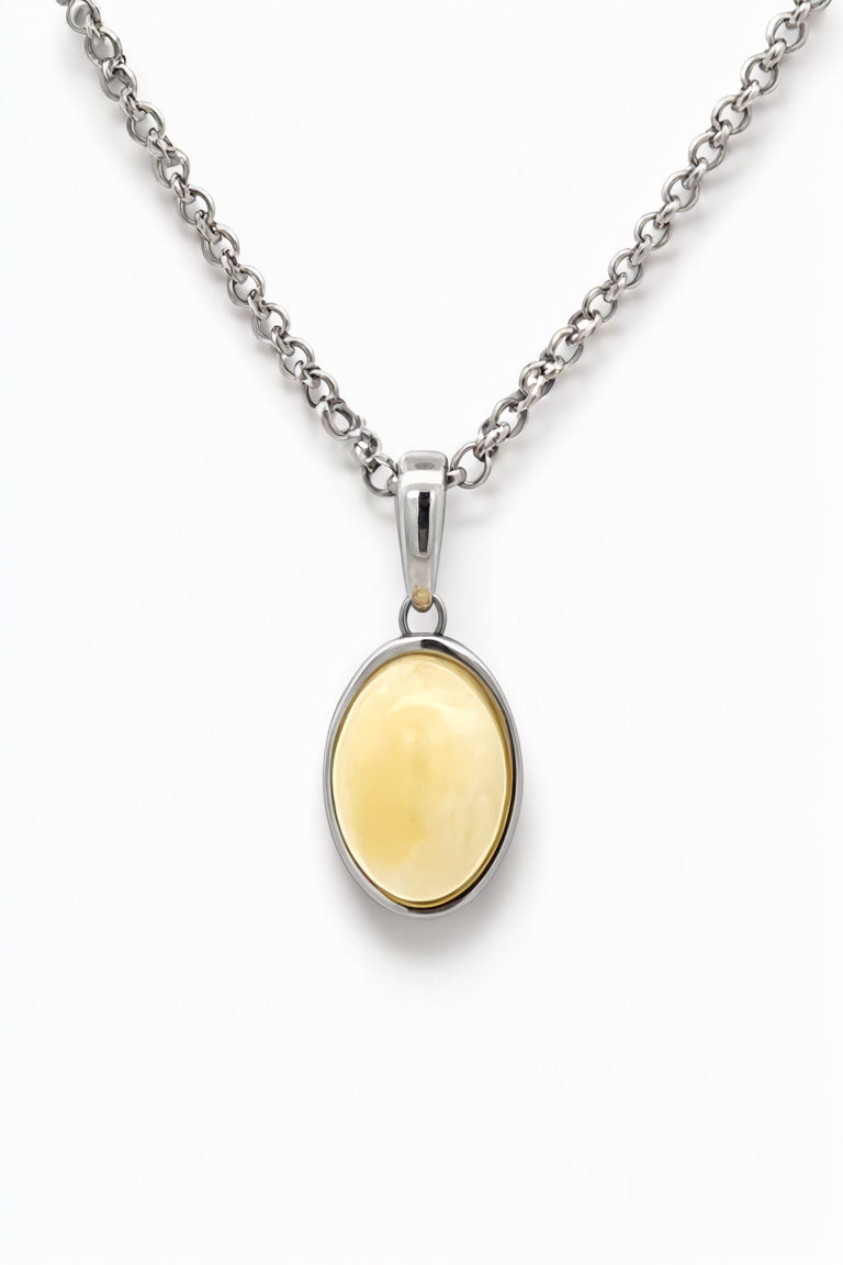Oval White Amber Silver Pendant — DARVIN (Pre-Order)