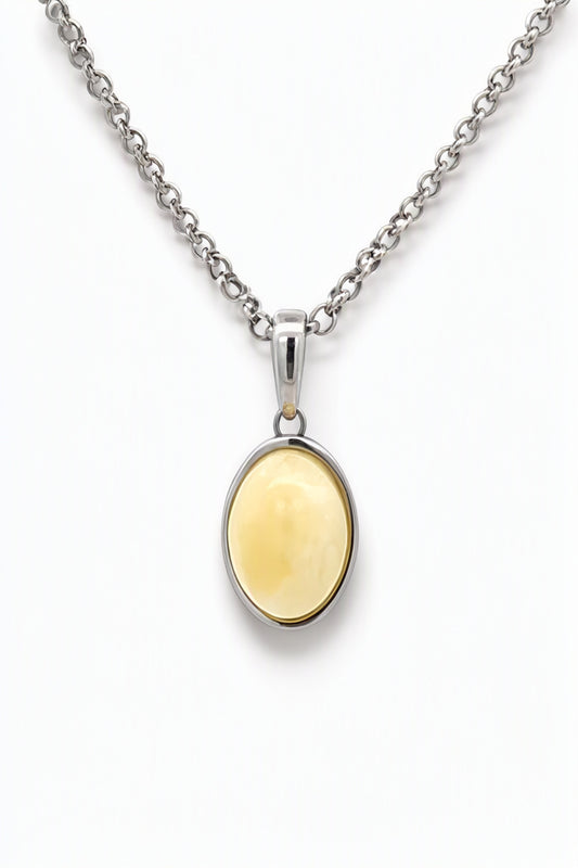 Oval White Amber Silver Pendant — DARVIN (Pre-Order)