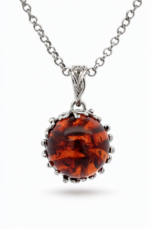 Round Cognac Amber Silver Pendant — DARVIN (Pre-Order)