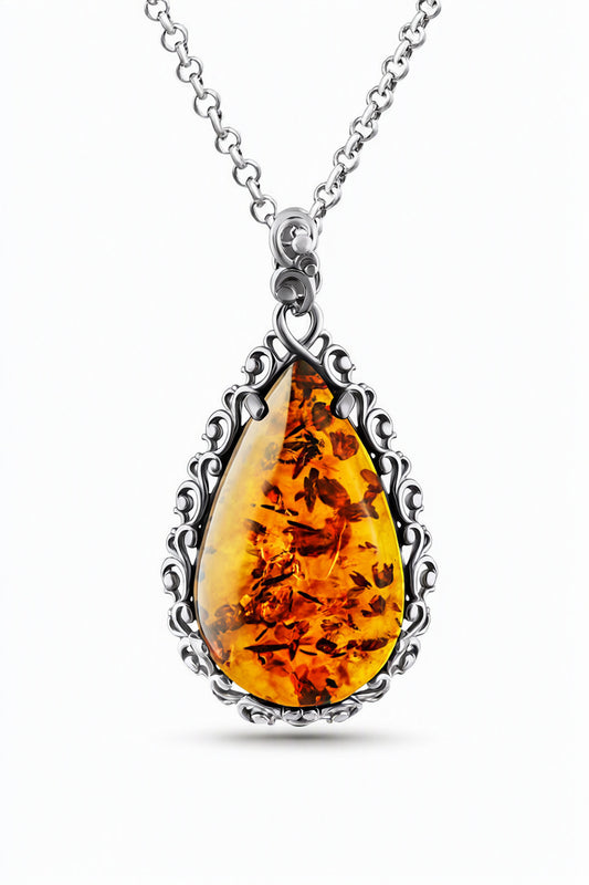 Teardrop Cognac Amber Silver Pendant — DARVIN (Pre-Order)