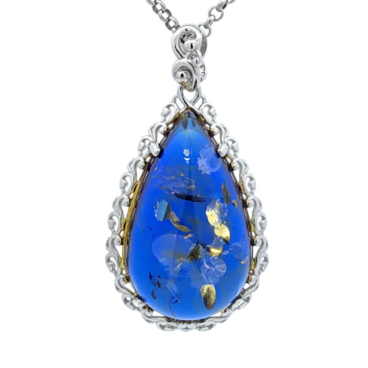 Teardrop Sapphire Blue Amber Silver Pendant — DARVIN (Pre-Order)