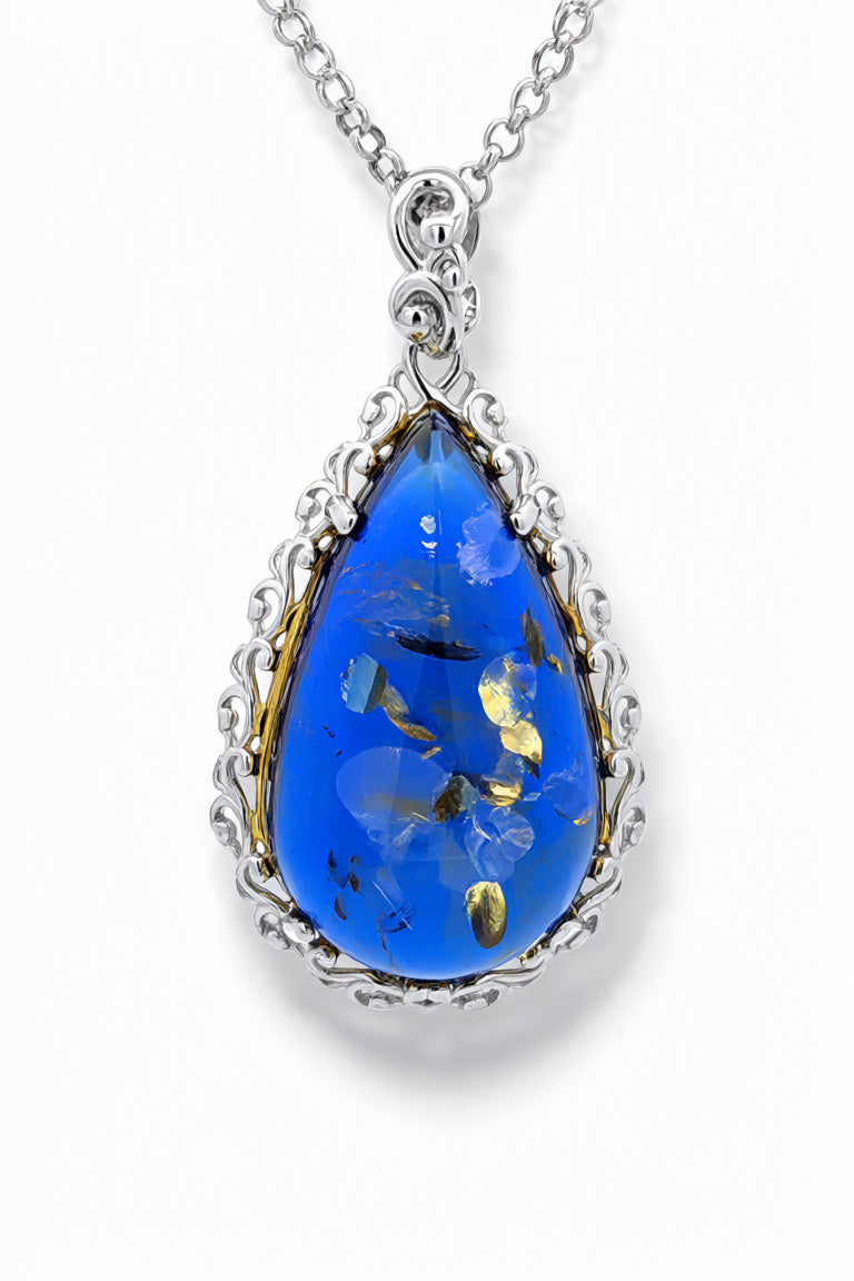 Teardrop Sapphire Blue Amber Silver Pendant — DARVIN (Pre-Order)