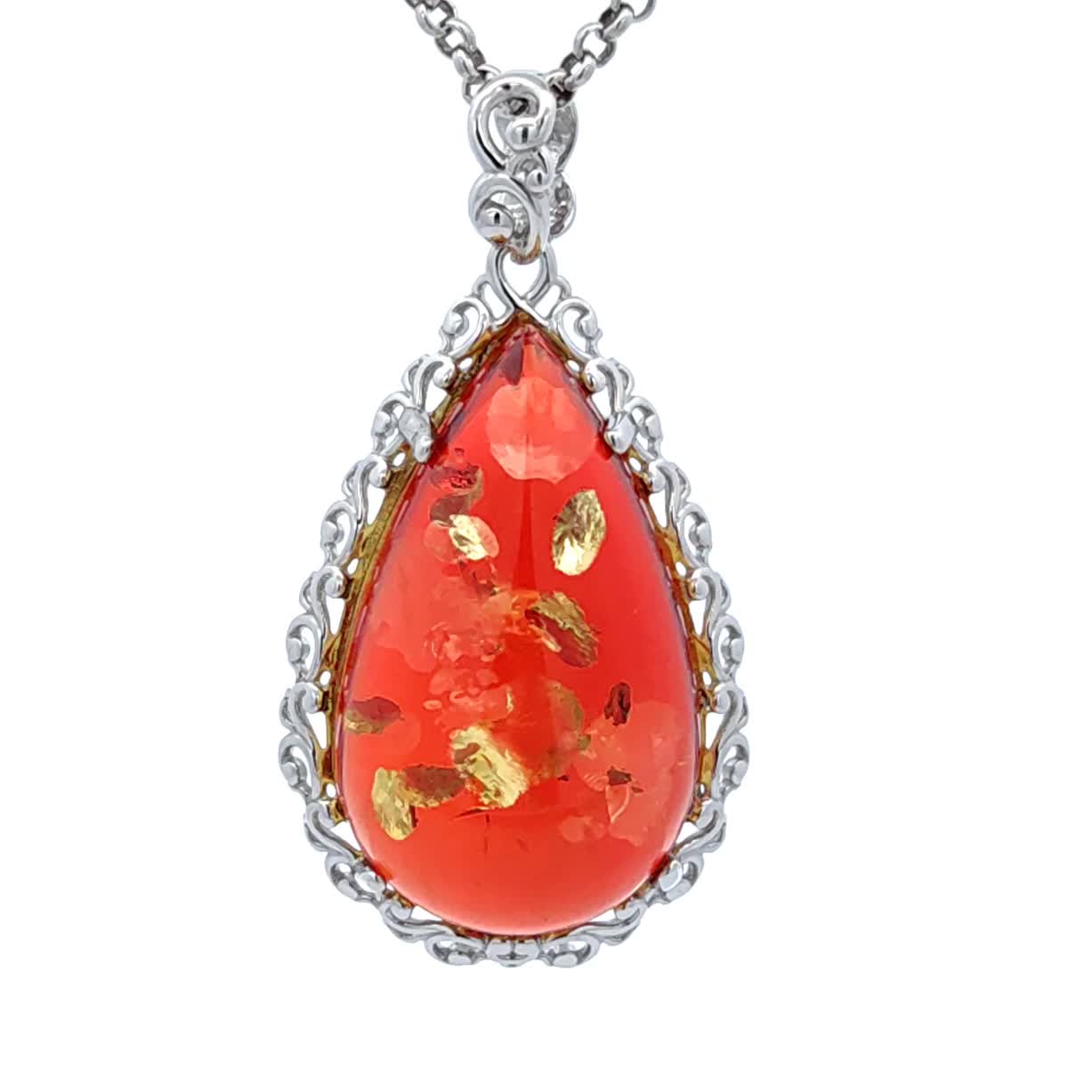 Teardrop Ruby Red Amber Silver Pendant — DARVIN (Pre-Order)