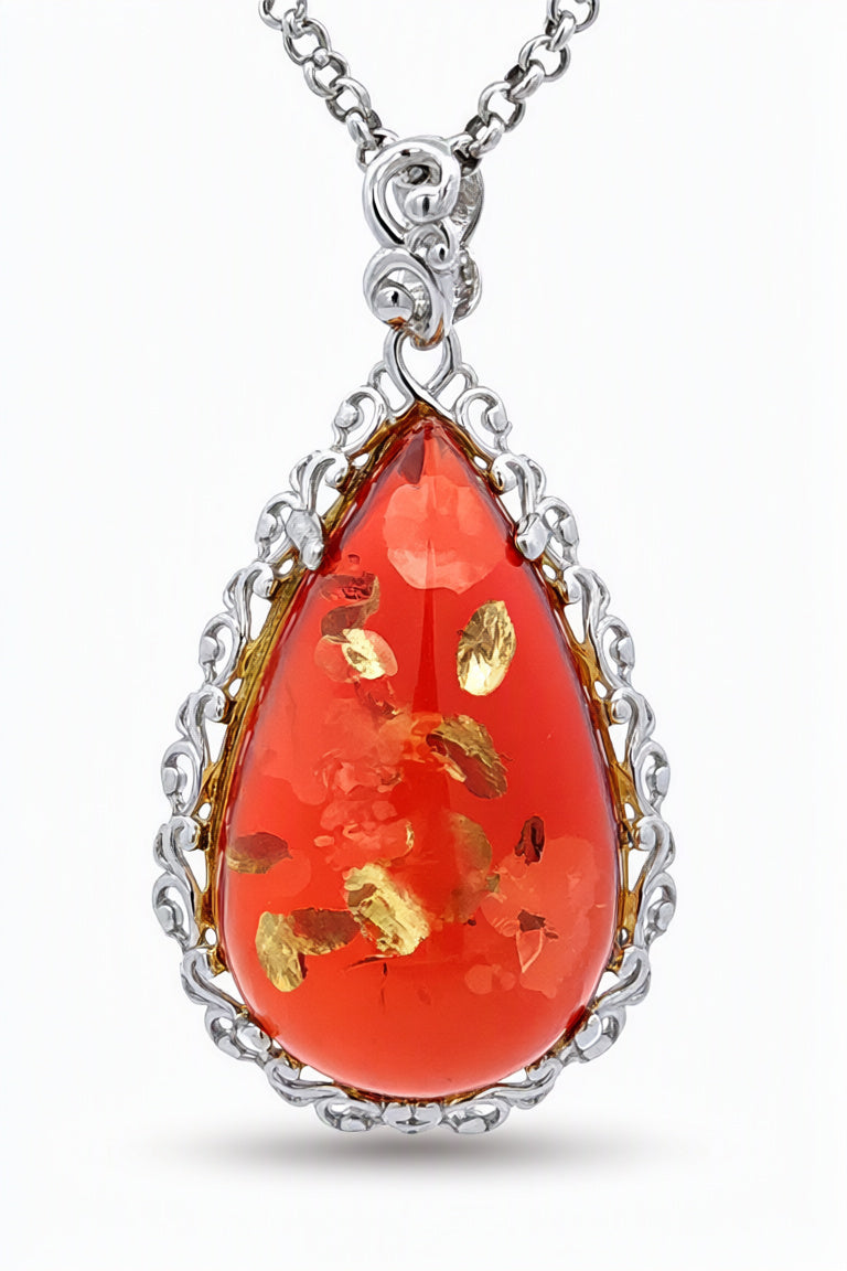 Teardrop Ruby Red Amber Silver Pendant — DARVIN (Pre-Order)