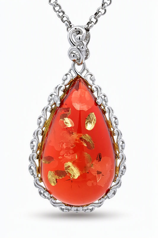 Teardrop Ruby Red Amber Silver Pendant — DARVIN (Pre-Order)