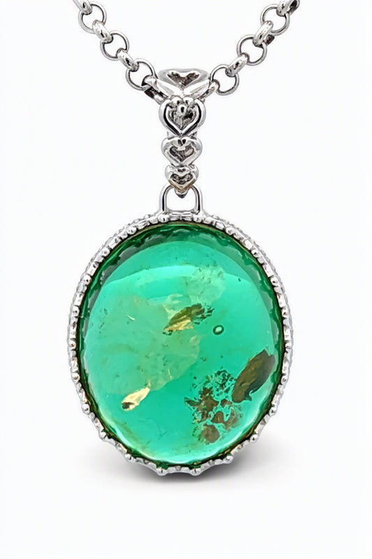 Oval Emerald Green Amber Silver Pendant — DARVIN (Pre-Order)