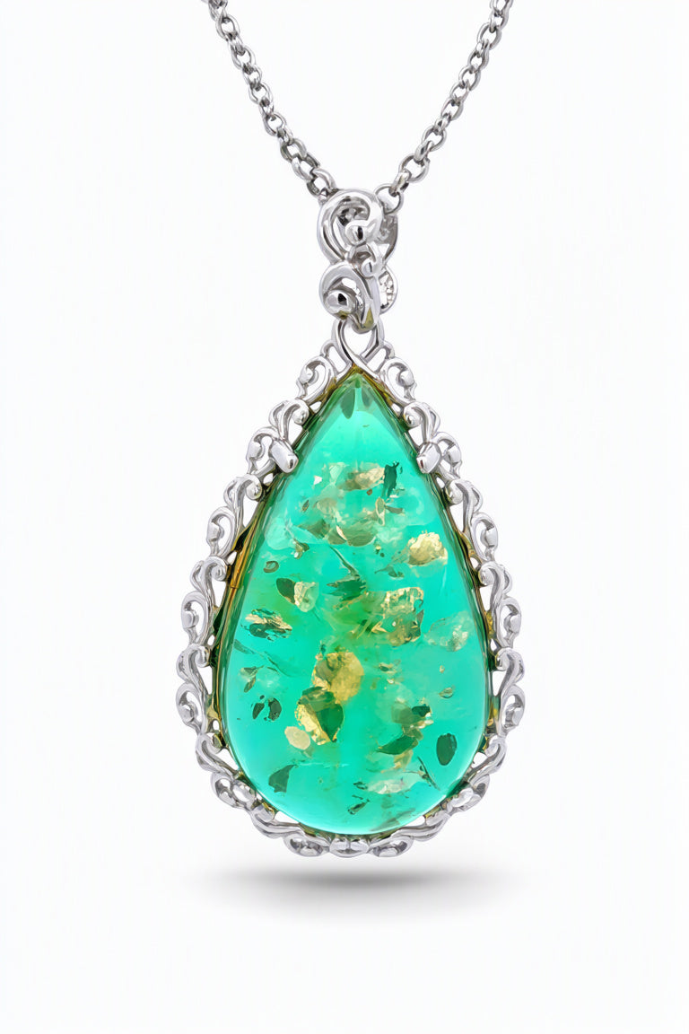 Teardrop Emerald Green Amber Silver Pendant — DARVIN (Pre-Order)