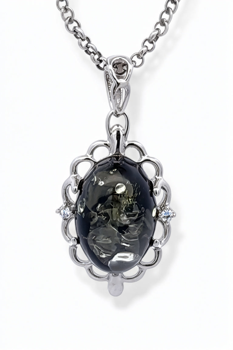 Oval Green, Colorless Amber Silver Pendant — DARVIN (Pre-Order)