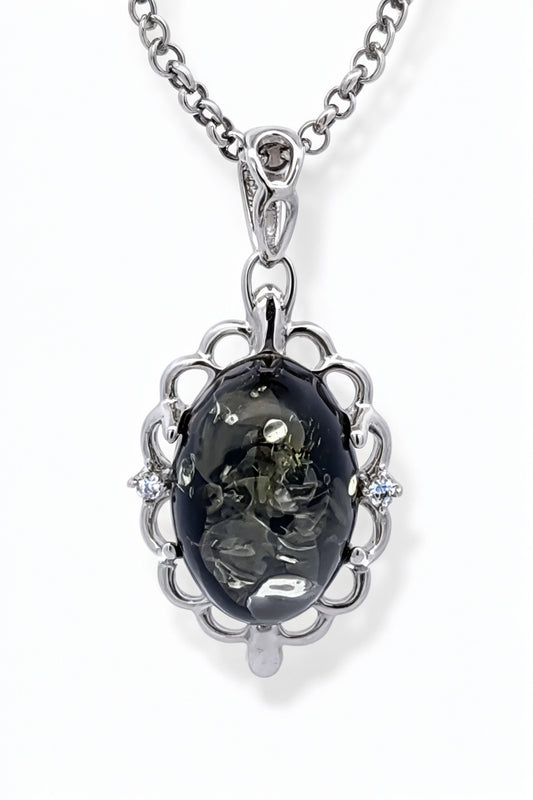 Oval Green, Colorless Amber Silver Pendant — DARVIN (Pre-Order)