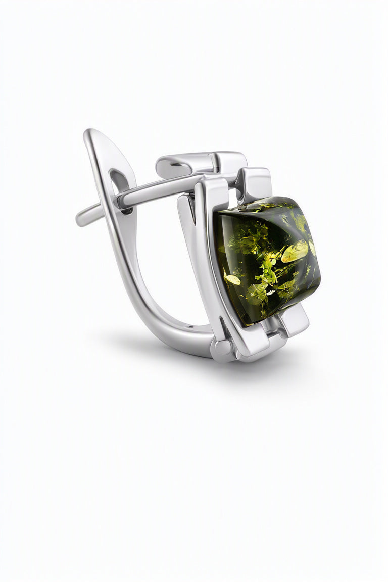 Square Green Amber Silver Earrings — DARVIN (Pre-Order)