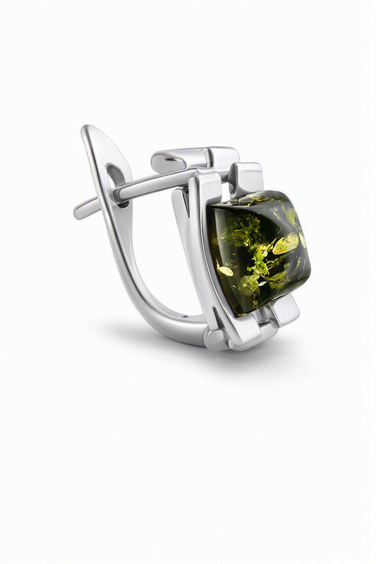 Square Green Amber Silver Earrings — DARVIN (Pre-Order)