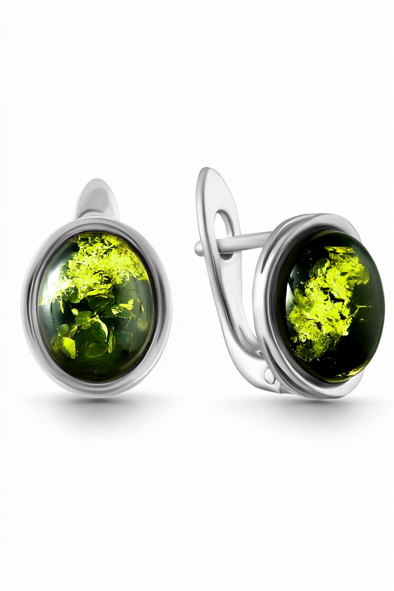 Oval Green Amber Silver Earrings — DARVIN (Pre-Order)
