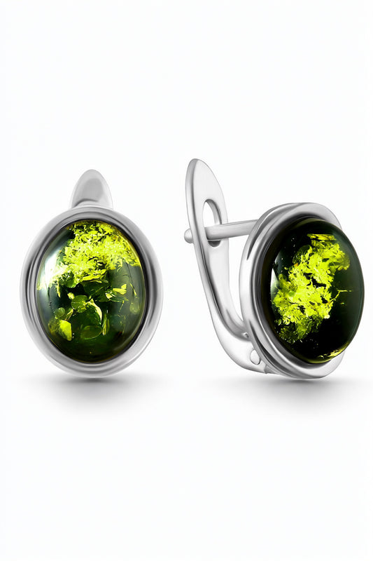 Oval Green Amber Silver Earrings — DARVIN (Pre-Order)