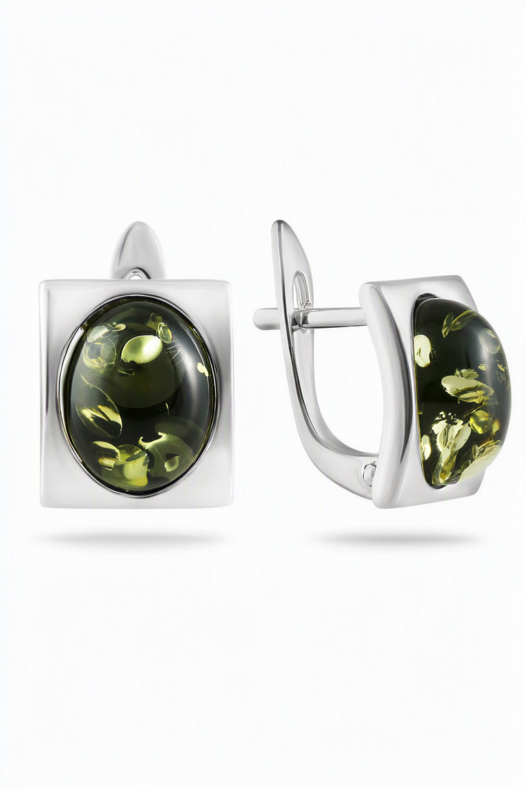 Oval Green Amber Silver Earrings — DARVIN (Pre-Order)