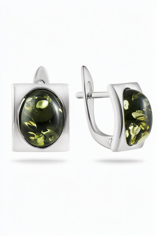 Oval Green Amber Silver Earrings — DARVIN (Pre-Order)