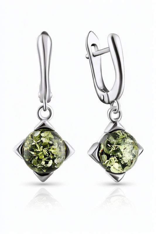 Round Green Amber Silver Earrings — DARVIN (Pre-Order)