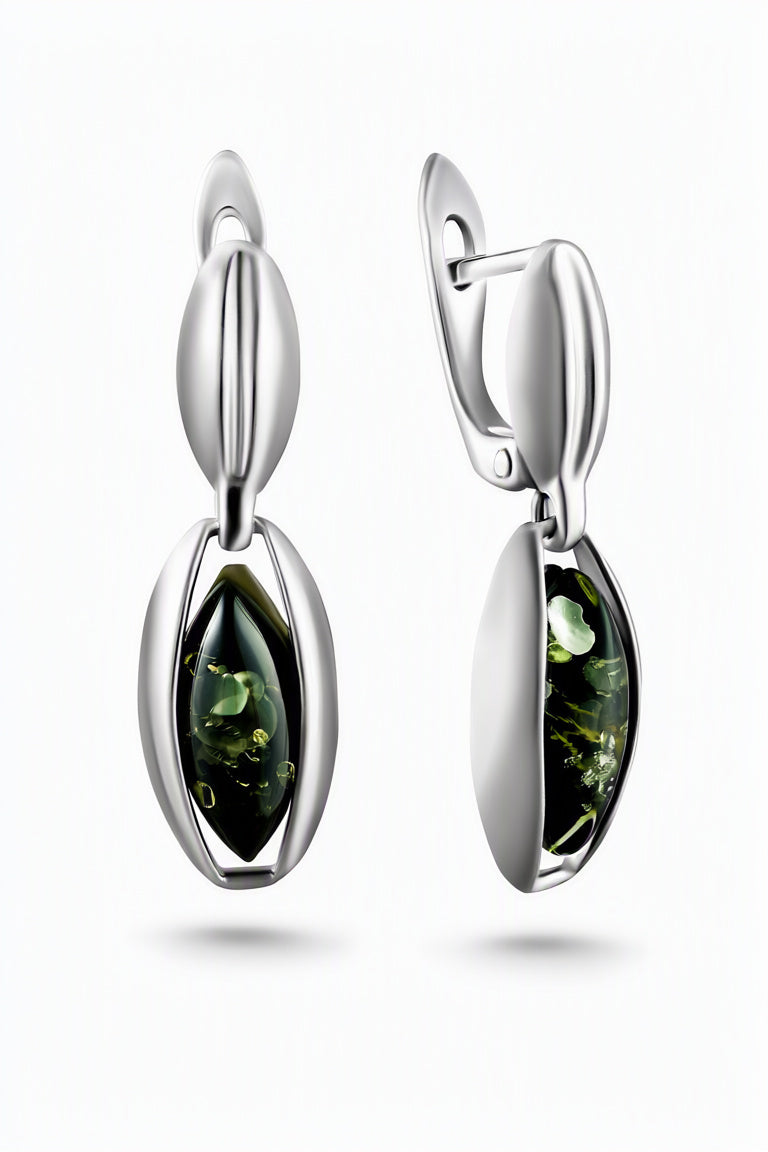 Marquise Green Amber Silver Earrings — DARVIN (Pre-Order)