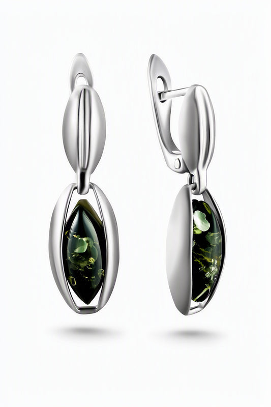 Marquise Green Amber Silver Earrings — DARVIN (Pre-Order)