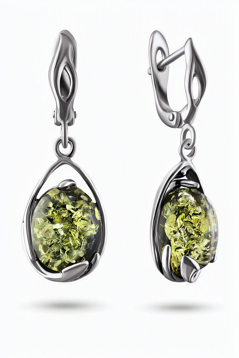 Oval Green Amber Silver Earrings — DARVIN (Pre-Order)