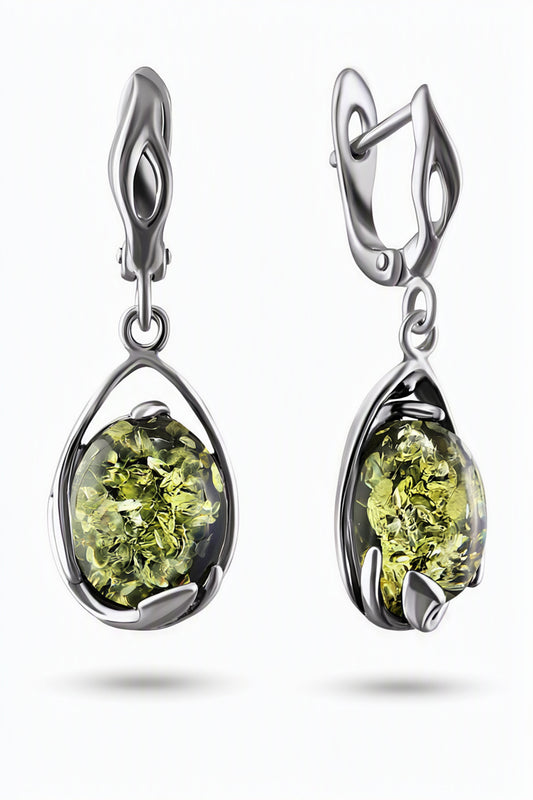 Oval Green Amber Silver Earrings — DARVIN (Pre-Order)