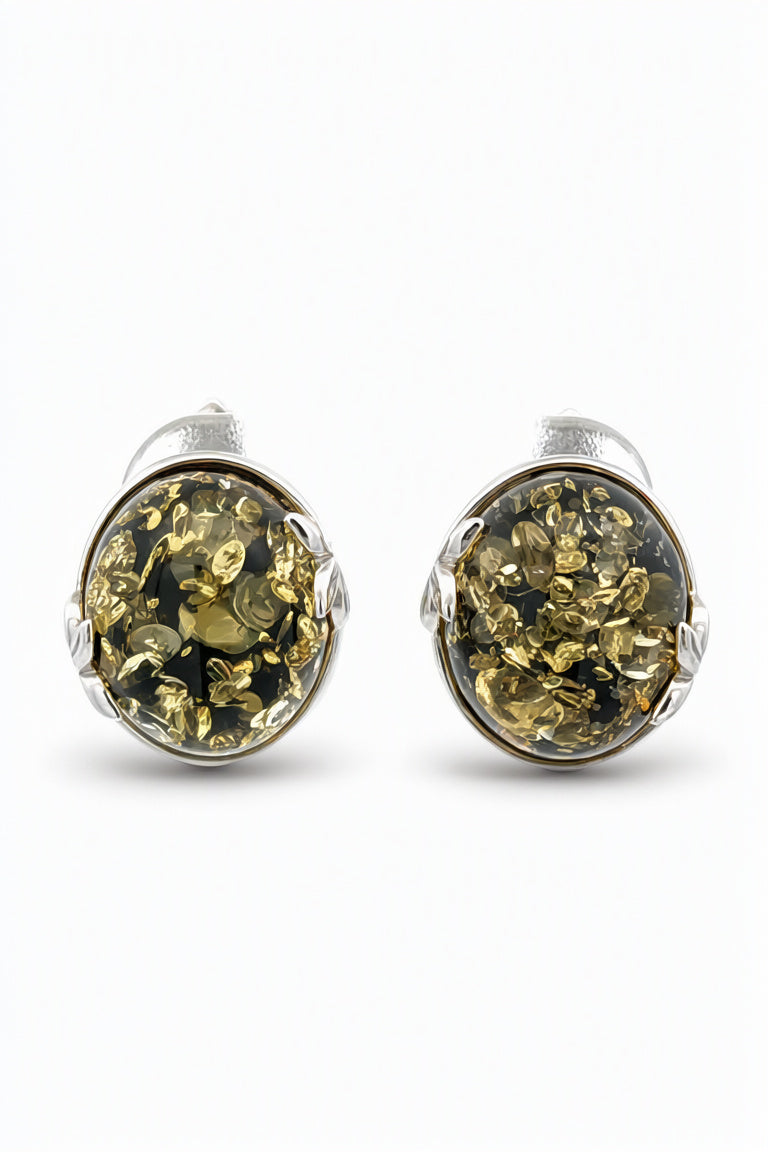 Oval Green Amber Silver Earrings — DARVIN (Pre-Order)