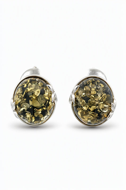 Oval Green Amber Silver Earrings — DARVIN (Pre-Order)