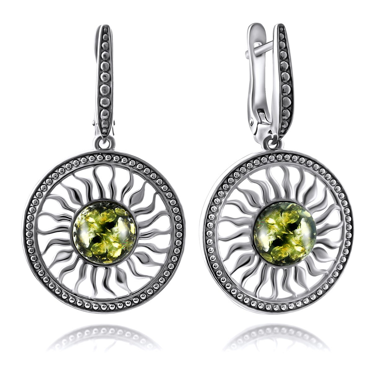 Round Green Amber Silver Earrings — DARVIN (Pre-Order)