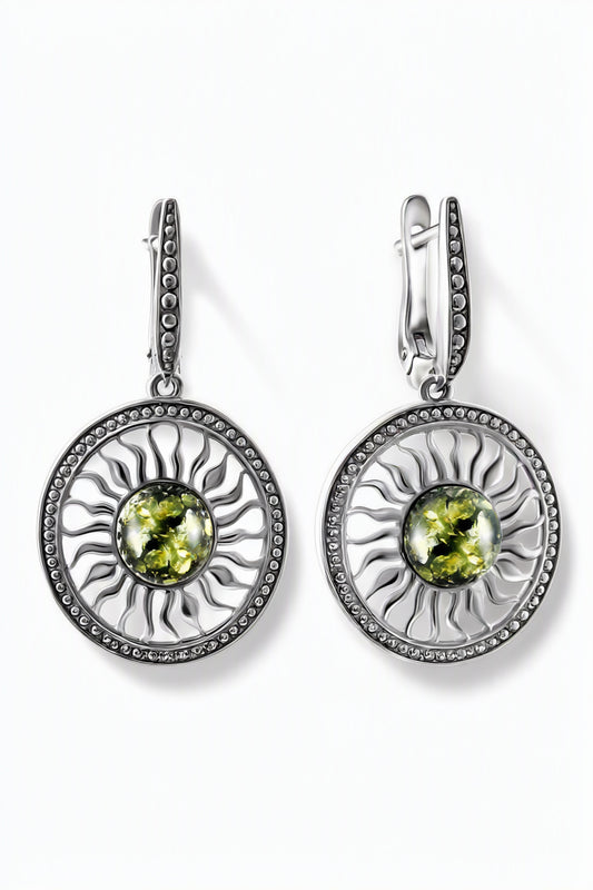 Round Green Amber Silver Earrings — DARVIN (Pre-Order)